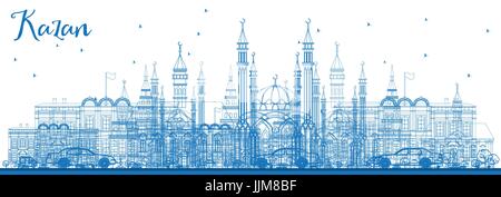 Profilo dello skyline di kazan con edifici blu. illustrazione vettoriale. viaggi di affari e di turismo con il concetto di architettura storica. immagine per la presentazione Illustrazione Vettoriale