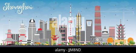 Lo skyline di Shanghai con edifici di colore e cielo blu. illustrazione vettoriale. viaggi di affari e di turismo con il concetto di architettura moderna. Illustrazione Vettoriale