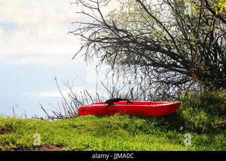 Un bambino piccolo kayak tirata fino in riva al lago bordo. Foto Stock