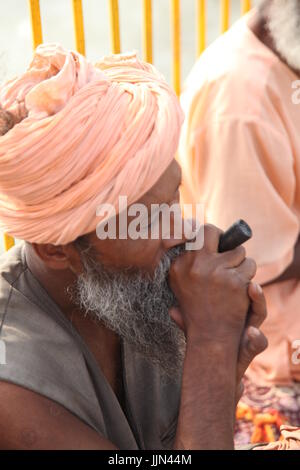 Indiano Baba, Swami, Sadhu, Santo e Pilgrim, Sadhu di fronte al tempio di Haridwar, Uttrakhand, India (Copyright © Saji Maramon) Foto Stock