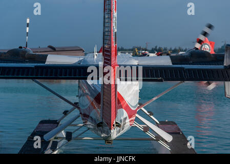 A bordo di un idrovolante inizia a taxi verso l'area di decollo all'idrovolante terminale all'Aeroporto Internazionale di Malé, Maldive. Foto Stock