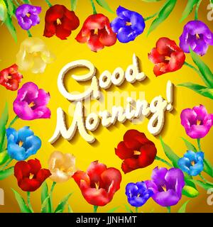 Biglietto di auguri con fiori. vettore. Pittura a mano. L'iscrizione. Buona mattina arte Illustrazione Vettoriale