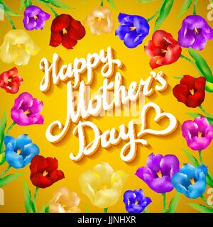 Bouquet di tulipani colorati e carta su sfondo giallo. Felice Festa della Mamma scritte arte vettoriale Illustrazione Vettoriale
