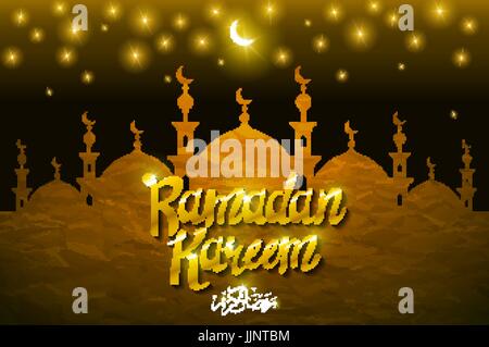 La calligrafia Araba Ramadan Kareem con islamica lampade pensili - Arancione poligono tecnica di sfondo Illustrazione Vettoriale