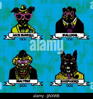 Tanga set animali cane, grande gruppo di razze di cani, vettore isolato arte Illustrazione Vettoriale