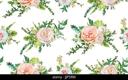 Vector seamless pattern: mazzi di fiori di rosa bianco giardino rose green succulenta cactus fiori piante stagionali design elegante per acquerello floreale illust Illustrazione Vettoriale