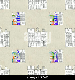 Modello senza giunture eith acquerello case di Amsterdam Foto Stock