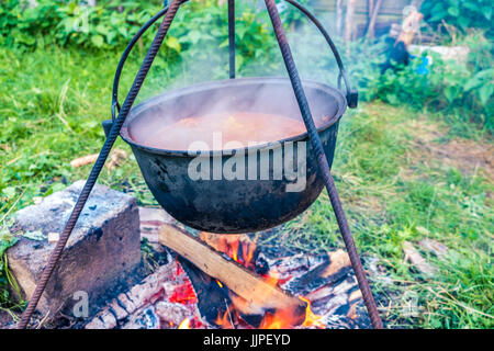 Ghisa forno olandese appesa sopra il fuoco per cuocere il cibo
