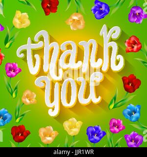 Grazie! Luminose scheda cartoon fatta di fiori e farfalle. Sfondo floreale in colori estivi arte Illustrazione Vettoriale