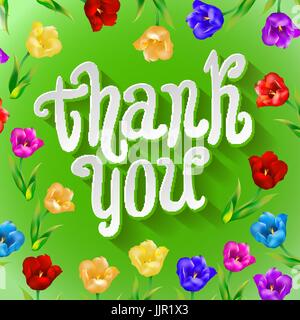 Grazie! Luminose scheda cartoon fatta di fiori e farfalle. Sfondo floreale in colori estivi arte Illustrazione Vettoriale