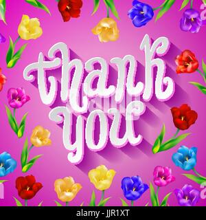 Biglietto di ringraziamento in colore rosa. Elegante sfondo floreale con testo e Cartoon carino uccello in arte vettoriale Illustrazione Vettoriale