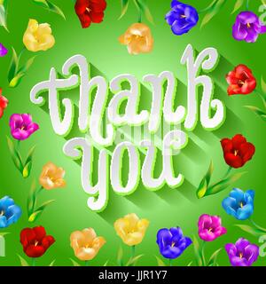 Grazie! Luminose scheda cartoon fatta di fiori e farfalle. Sfondo floreale in colori estivi arte Illustrazione Vettoriale