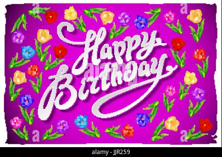 Modello di compleanno vettore/illustrazione. viola biglietto di auguri di buon compleanno. illustrazione vettore tulip art Illustrazione Vettoriale
