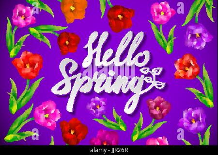 Disegnata a mano di ispirazione a molla preventivo - ciao stagione primavera dell'amore. Penna e inchiostro calligrafia. Spazzola viola dipinte lettere sullo sfondo viola e bl Illustrazione Vettoriale