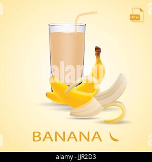 Set di succo di banana e due Banane fresche isolate su uno sfondo. Illustrazione Vettoriale