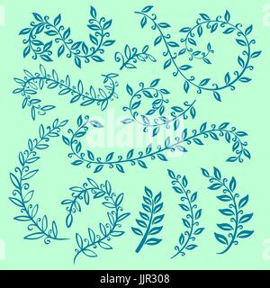 Set di badge, elementi floreali, corone e allori Set di vettore di foglie su sfondo verde arte elementi di progettazione tecnica Illustrazione Vettoriale