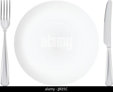 Piastra bianca con coltello e forchetta attraversato isolato su uno sfondo bianco. Illustrazione Vettoriale