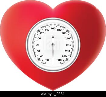 Pressione arteriosa controllo concetto. Il tonometro di rosso sul cuore isolato su uno sfondo bianco. Realistico illustrazione vettoriale. Illustrazione Vettoriale