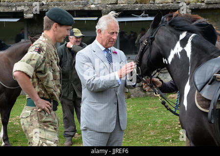 Il Principe di Galles incontra una gamma di compensazione chiamato cavallo Princess Pony durante una visita a Okehampton Camp, situato al ministero della Difesa Dartmoor area Formazione per sentire come il Ducato di Cornovaglia è lavorare con il MOD, la comunità locale e le altre parti interessate su una varietà di progetti di conservazione a Dartmoor, il secondo giorno della visita reale di Devon e Cornwall. Foto Stock