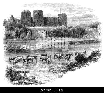 1870: Rhuddlan Castle (gallese: Castell Rhuddlan) visto attraverso il Fiume Clwyd. Il castello eretto da Edoardo I nel 1277, a seguito della prima guerra gallese, Denbighshire, il Galles del Nord. Foto Stock