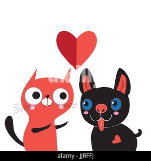 Biglietto di auguri con amore di cane e di gatto su sfondo bianco Illustrazione Vettoriale