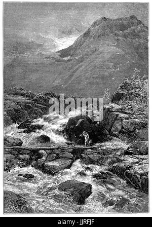 1870: Homeward Bound dopo la caccia un uomo e cane attraversare il vapore da Llyn Idwal, un piccolo lago entro Cwm Idwal nel Glyderau montagne di Snowdonia, Gwynydd, il Galles del Nord. Foto Stock