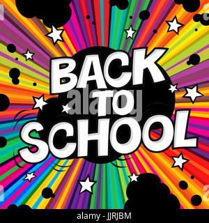 Si torna a scuola poster. Fumetto alfabeto retrò. Raggi colorato sfondo con stelle Illustrazione Vettoriale