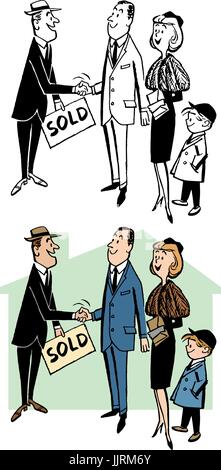 Una famiglia si chiude una trattativa su una nuova casa con il loro agente immobiliare. Illustrazione Vettoriale