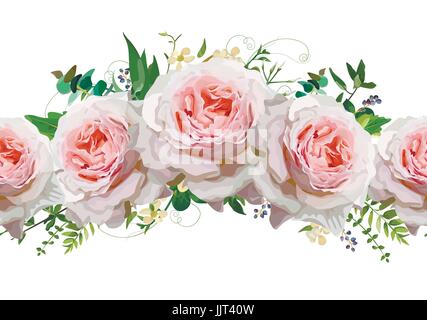 Modello senza giunture di rose bouquet di fiori ghirlanda di telaio di confine disegno vettoriale. Rosa pesca rose blu di eucalipto ligustro berry mix di piante. Saluto grazioso fl Illustrazione Vettoriale