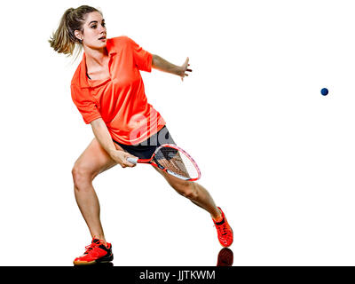 Un caucasian adolescente Ragazza donna giocare a squash player isolati su sfondo bianco Foto Stock