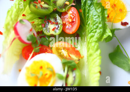 Sovraccarico di tutta la romaine foglie con pomodori ciliegia, baby kiwi, uova sode o metà, germogli di piselli, ravanelli e peperoncino in scaglie Foto Stock