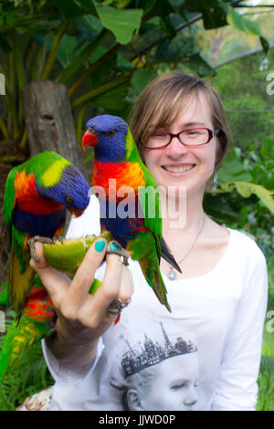 Donna sorridente alimentare due rainbow parrocchetti. Foto Stock