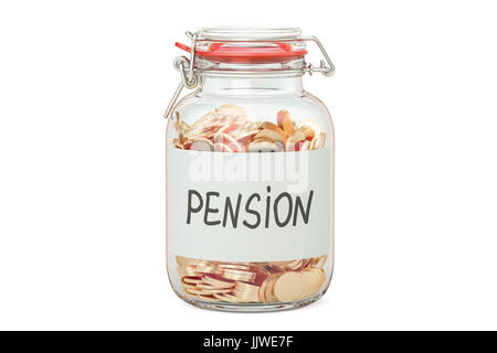 Risparmi pensionistici concetto. Vaso di vetro con monete doro, rendering 3D isolati su sfondo bianco Foto Stock
