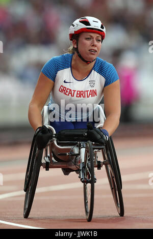 Gran Bretagna Hannah Cockroft celebra vincendo le Donne 400m T34 Final durante il giorno sette del 2017 World Para di Atletica a Londra Stadium. Foto Stock