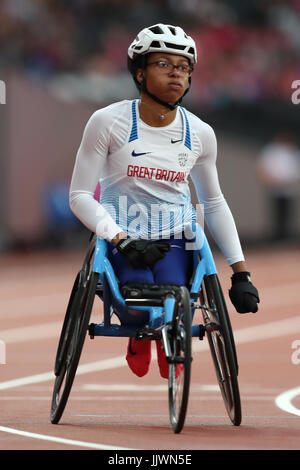 Gran Bretagna Kare Adenegan festeggia conquistando il bronzo della Donne 400m T34 Final durante il giorno sette del 2017 World Para di Atletica a Londra Stadium. Foto Stock