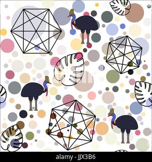 Sfondo astratta fatta di cerchi con uccelli, foglie di palma e forme geometriche. Modello senza giunture Illustrazione Vettoriale