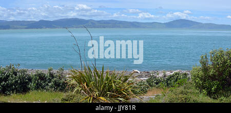 Vista panoramica della Costa di Kapiti da Kapiti Island Bird Sanctuary. In fondo è Paraparaumu, Waikanae e Raumati. Foto Stock