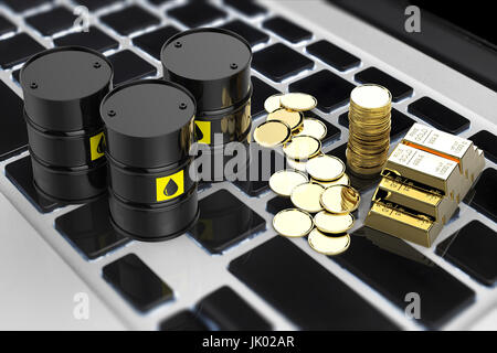 Commodity online del concetto di commercio con 3D rendering nero di barili e monete d'oro sulla tastiera Foto Stock