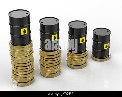 3D rendering del prezzo del petrolio che cade con barili di olio e monete d'oro Foto Stock