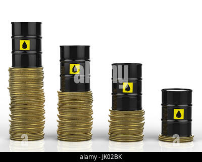 3D rendering del prezzo del petrolio che cade con barili di olio e monete d'oro Foto Stock