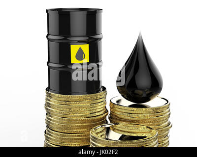 Il rendering 3d olio grezzo di barili con monete d oro Foto Stock