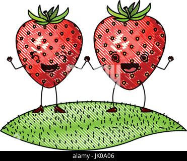 Sfondo bianco di matita colorata silhouette di realistica coppia di frutta fragola caricatura su erba Illustrazione Vettoriale