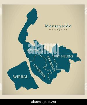 Mappa moderno - Merseyside metropolitan county etichettati distretti REGNO UNITO Inghilterra Illustrazione Vettoriale