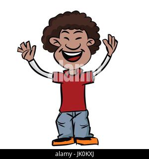 Cartoon colorati di ragazzo era sorridente con afro capelli stile, African teen fare mani in alto - illustrazione vettoriale. Illustrazione Vettoriale
