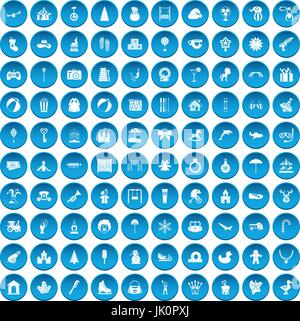 100 infanzia felice set di icone blu Illustrazione Vettoriale