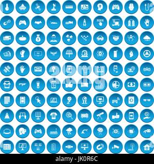 100 hi-tech set di icone blu Illustrazione Vettoriale