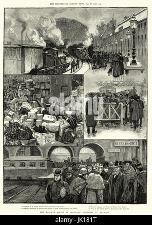 Sciopero ferroviario in Scozia, schizzi al St Enoch stazione ferroviaria, Glasgow, 1891 Foto Stock