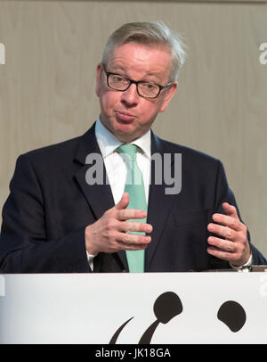 Michael Gove parlando al WWF Living Planet Center di Woking, dove ha detto un pubblico in materia ambientale e di organizzazioni di campagna che dà Brexit ambito per la Gran Bretagna per essere un leader globale nella politica di verde. Foto Stock