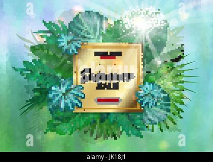 Vendita. Square estate vendita foglie tropicali witn telaio della luce del sole. Fiori tropicali, foglie di piante e di sfondo Illustrazione Vettoriale