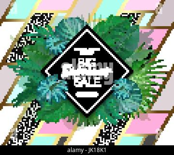 Estate vendita layout di sfondo per striscioni, carta da parati, volantini, invito, manifesti, brochure, voucher di sconto. Illustrazione Vettoriale modello. Sfondo patchwork con foglie esotiche. Illustrazione Vettoriale